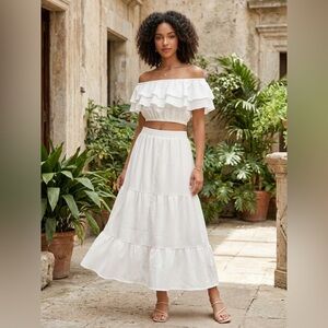Off-Shoulder White Tiered Maxi Skirt